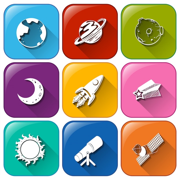 icons with objects found in the outerspace
