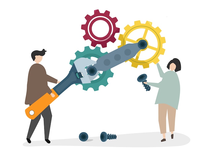 Miễn phí Vector illustration of characters fixing a cogwheel