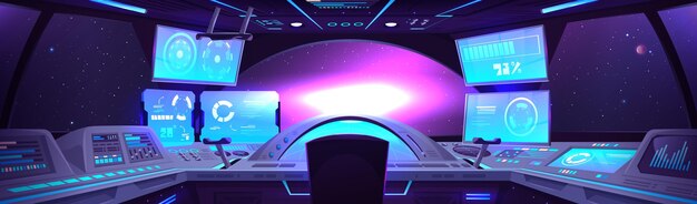 Interior of spaceship control cabin with various control stations and panels monitors spacecraft or rocket cockpit room with large glass window with inside view of outer space stars and galaxies