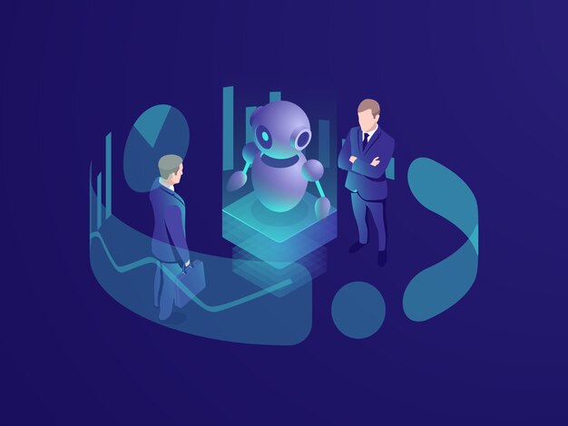 isometric business concept of man thinking, crm system, artificial intelligence robot ai