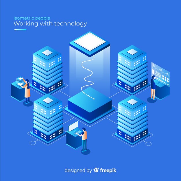 isometric concept of people working with technology