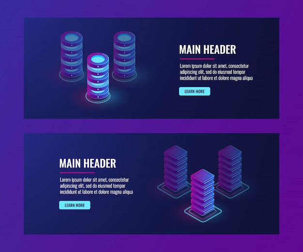 isometric data flow processing, server room, data center and database banner, web host