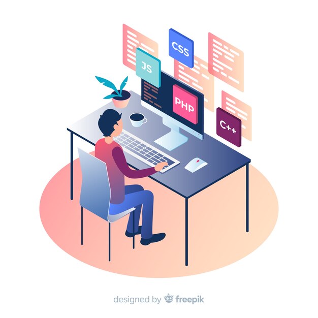 isometric programmer working on desk