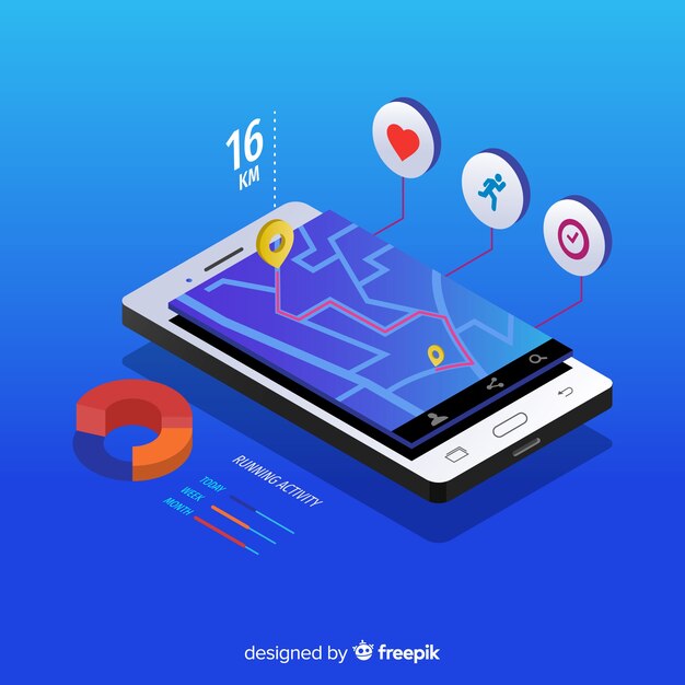 isometric running mobile app infographic
