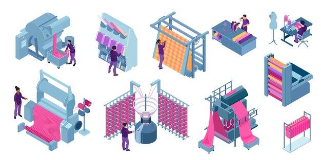 isometric textile mill industry icons collection with isolated human characters and weaving machinery on blank background vector illustration