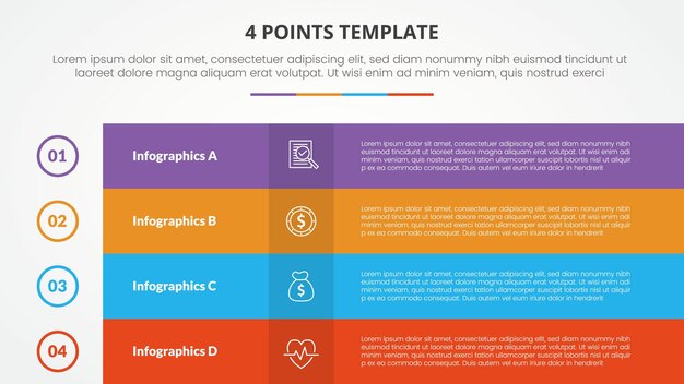 Khái niệm infographic mẫu giai đoạn 4 điểm cho bản trình bày trang chiếu với bảng hộp toàn trang màu sắc đầy đủ danh sách 4 điểm với vectơ kiểu phẳng