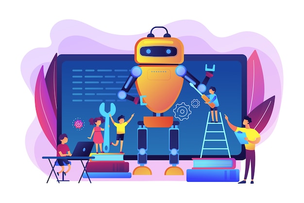 kids programming and creating robot at class, tiny people. engineering for kids, learn science activities, early development classes concept.  