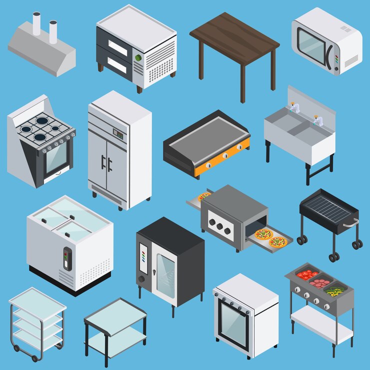 Miễn phí Vector kitchen equipment isometric icons set