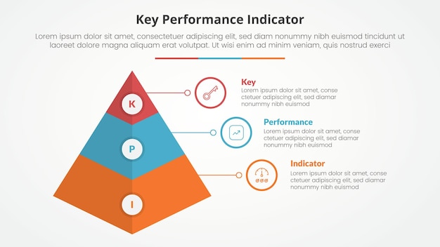 KPI key performance indicator model infographic concept for slide presentation with 3d pyramid shape with 3 point list with flat style
