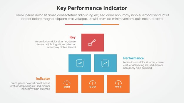 KPI key performance indicator model infographic concept for slide presentation with box rectangle pyramid structure with 3 point list with flat style