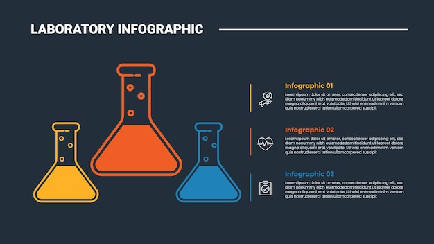 Laboratory science infographic process diagram with erlenmeyer flask big and small with stacked list information with dark background bright outline style 3 points