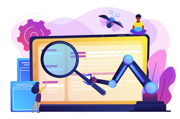 Laptop and software assisting in testing process, tiny people testers. Automated testing, automotive executed test, software auto tester concept. Bright vibrant violet  isolated illustration