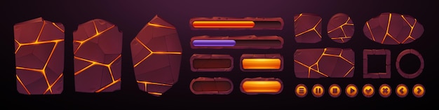 Lava stone ui game frame and volcanic button vector Volcano eruption board with magma texture and fire for gui app interface Blank loading and progress bar isolated rock menu element with crack