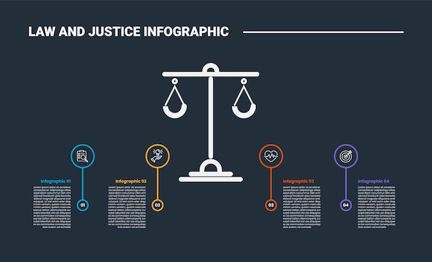 Law and justice infographic process diagram with scale center with circle line pointer standing on horizontal timeline with dark background bright outline style 4 points