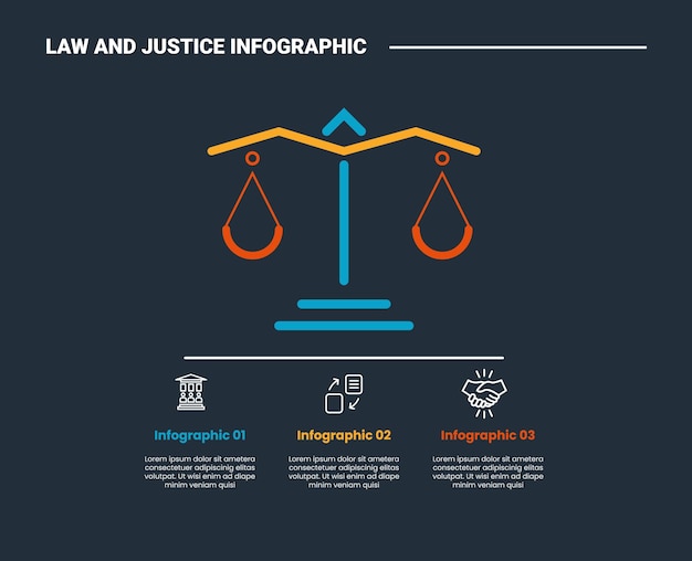 Law and justice infographic process diagram with simple scale with point list on bottom with dark background bright outline style 3 points