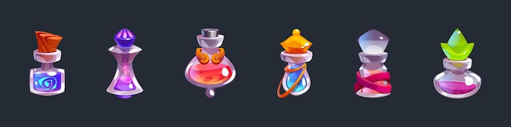 Miễn phí Vector magic elixir glass bottle fantasy game asset set cartoon halloween alchemy vial element with cork in blue pink and green rpg apothecary wizard liquid mixture in jar mobile app chemical inventory