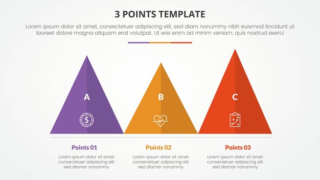 Mẫu infographic khái niệm giai đoạn 3 điểm cho bản thuyết trình trang chiếu với danh sách 3 điểm theo phong cách vector phẳng