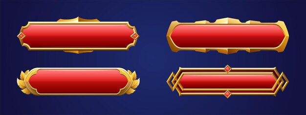 Medieval buttons, ui game menu elements, red oblong banners and gold ornate rims. Empty royal gui bars for rpg or arcade, golden borders, web design interface Cartoon 3d vector illustration, set
