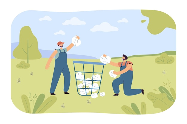 men collecting paper in trash container flat vector illustration. workers in uniform picking up garbage for recycling in meadow. waste sorting concept for banner, website design or landing web page