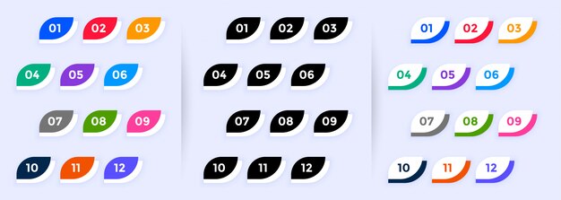 Modern button style bullet points numbers from one to twelve