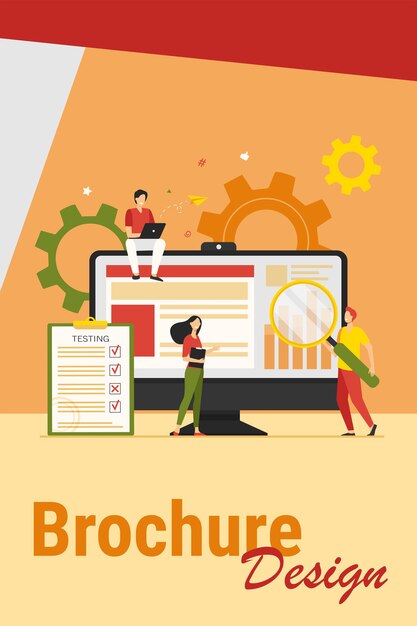 Những người tí hon đang kiểm tra đảm bảo chất lượng trong phần mềm, hình ảnh vector phẳng cô lập. Nhân vật hoạt hình sửa lỗi trong thiết bị phần cứng. Kiểm tra ứng dụng và khái niệm dịch vụ CNTT