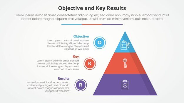 OKR objectives and key results framework infographic concept for slide presentation with pyramid and circle outline point list with 3 point list with flat style