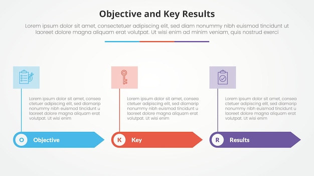 OKR objectives and key results framework infographic concept for slide presentation with rectangle arrow and banner on header top with 3 point list with flat style