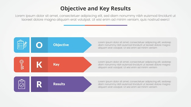 OKR objectives and key results framework infographic concept for slide presentation with rectangle arrow stack with 3 point list with flat style