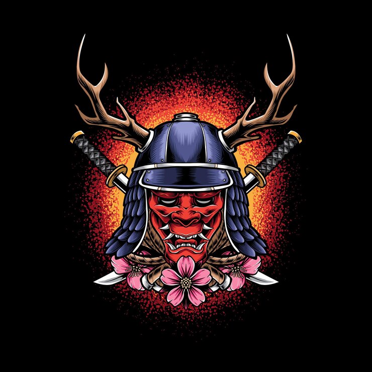 Miễn phí Vector oni mask with samurai helmet isolated on black