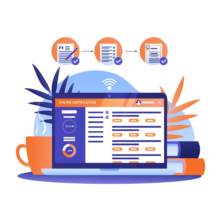 Miễn phí Vector online certification with laptop and desk