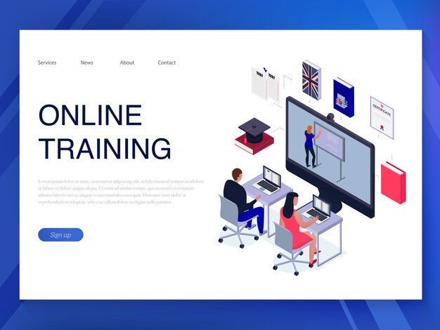 people training online horizontal isometric banner on blue  3d