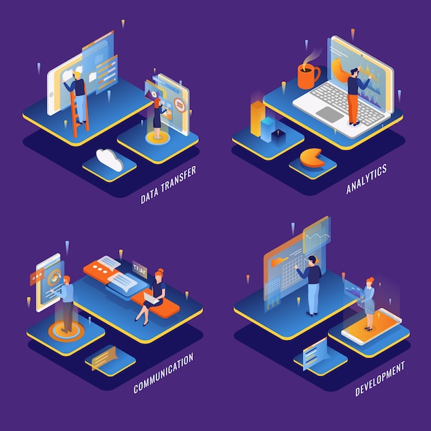 People using computer communication interfaces concept 4 isometric compositions with big data transfer analysis development