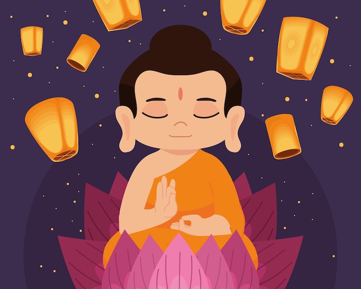 Miễn phí Vector phật đáng yêu và đèn lồng trong đêm