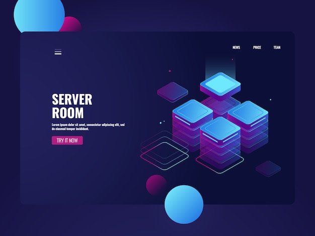 Phòng máy chủ mạng và trung tâm dữ liệu isometric, lưu trữ dữ liệu đám mây, xử lý big data