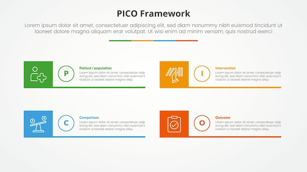 PICO framework infographic concept for slide presentation with creative square box and line bottom with 4 point list with flat style