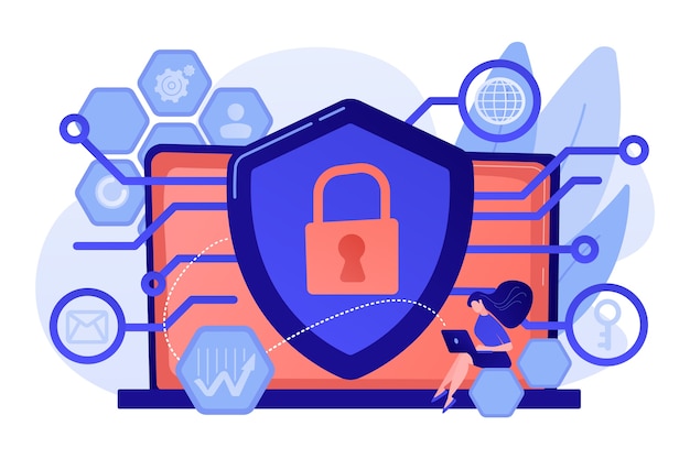 privacy engineer at laptop with shield improving level of systems privacy. privacy engineering, privacy-centric model, personal data defence concept