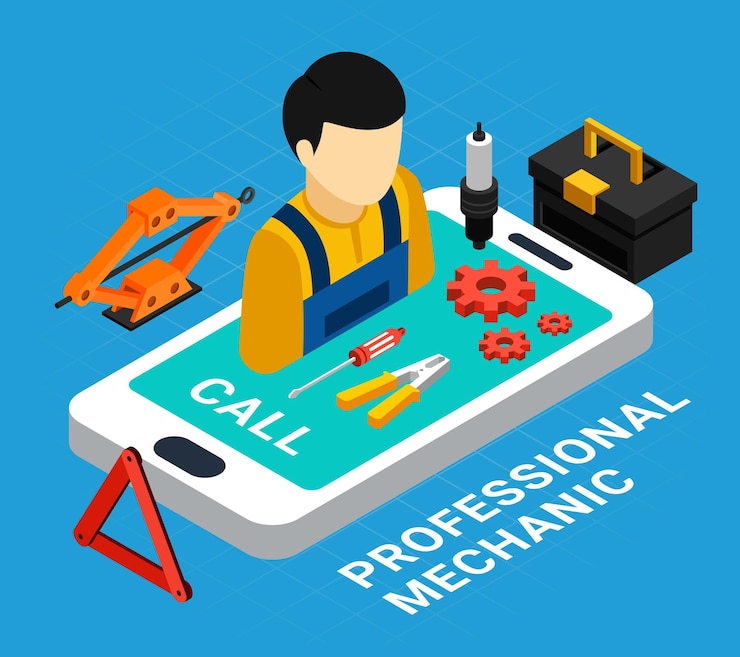 Miễn phí Vector professional mechanic isometric concept with equipment and call symbols