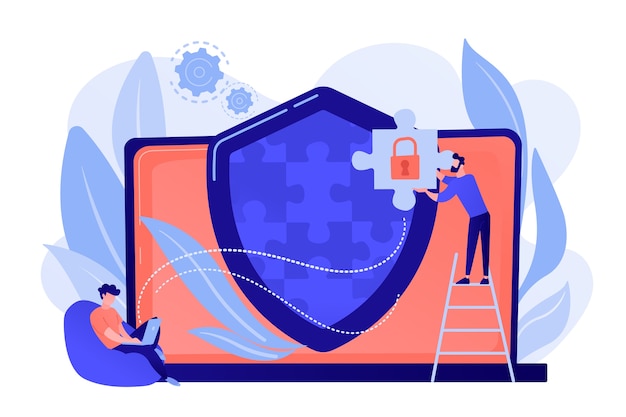 Programmer with jigsaw shield system monitoring network traffic. Firewall, network security system and network firewall concept