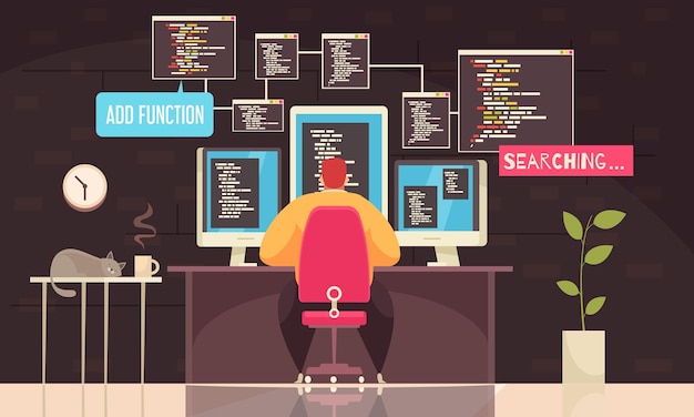 Programmer work  with  working day symbols flat  illustration,