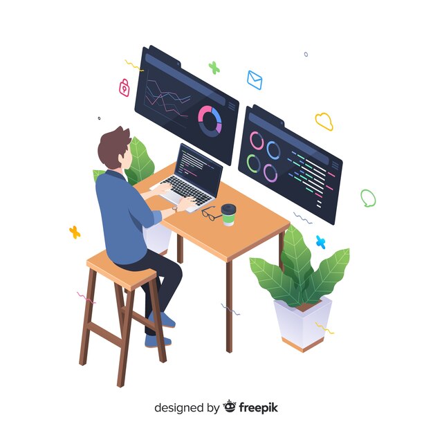 Programmer working in isometric style