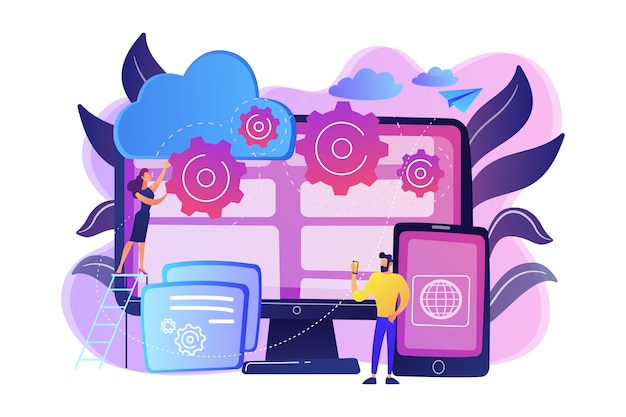 Programmers develop program for platforms. Cross-platform programming, cross-platform development and structure concept on white background. Bright vibrant violet  isolated illustration