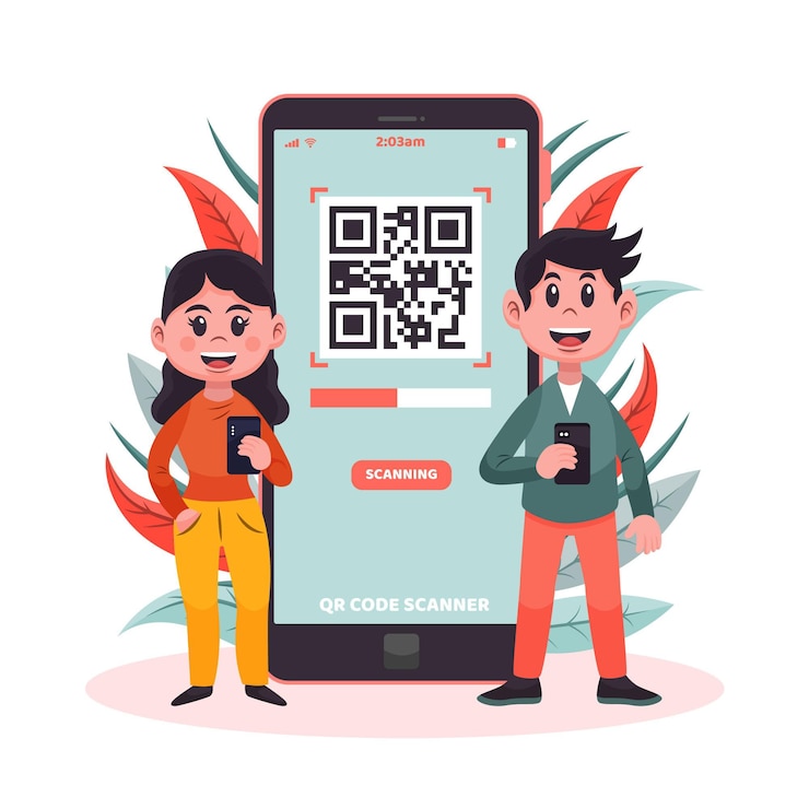 Miễn phí Vector qr code scanning concept with characters