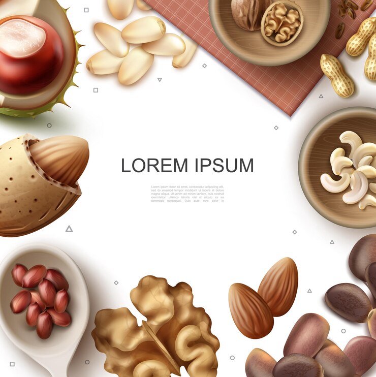Miễn phí Vector realistic fresh nuts template with walnut chestnut cashew almond peanut hazelnut brazil pine nuts