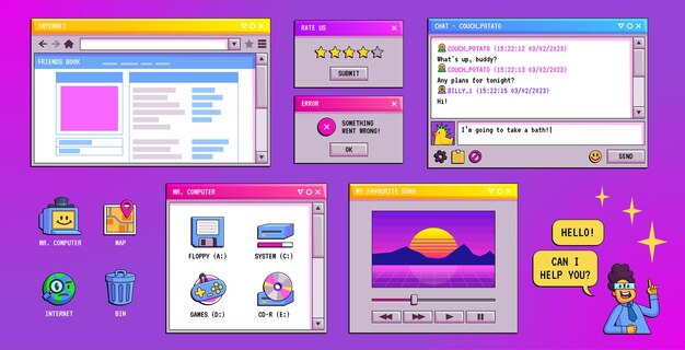 Retro computer screen interface in 90s style