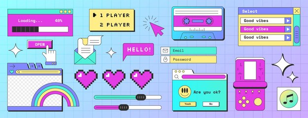 Retro computer screen interface with windows email popup notification message frames and pc elements