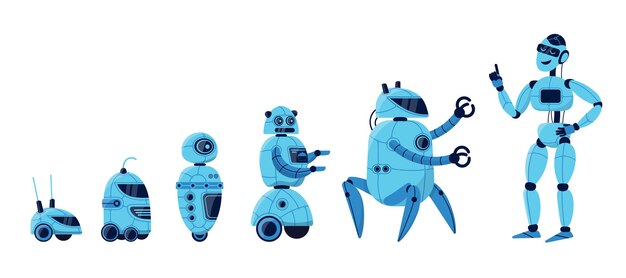 Robot evolution cartoon illustration set. Different models of robot characters from simple bot to humanoid android