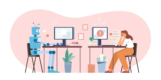 Robot vs human flat vector illustration. Robotic machine and tired woman working at computer in the office. Humanoid versus person. Artificial intelligence challenging employee. Modern ai technology.