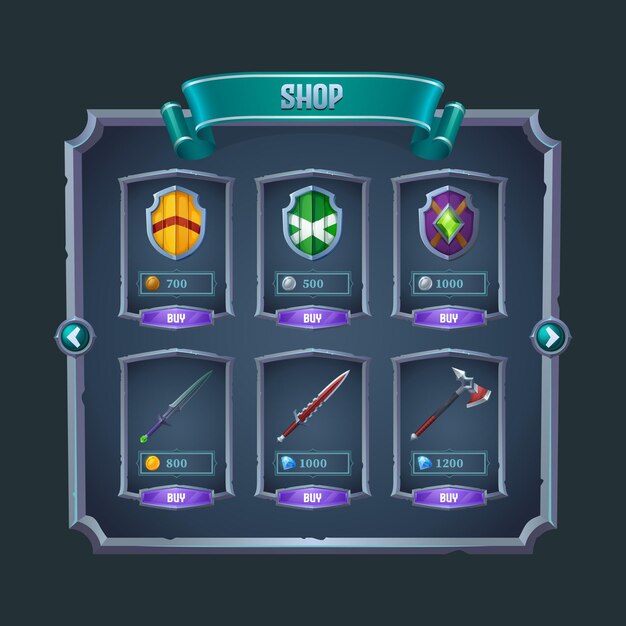 Rpg game shop menu panel with medieval weapon, swords, axe and shields in metal frames. Cartoon vector fantasy adventure graphic design elements, ui or gui warrior weapon items for sale with price