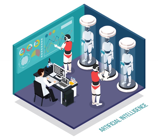 scientist near computer during testing of robots droids in laboratory  isometric composition