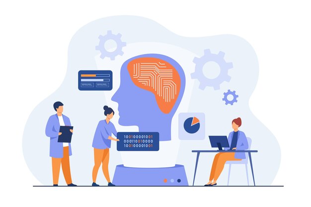 scientists studying neural connections. programmers writing codes for machine brain